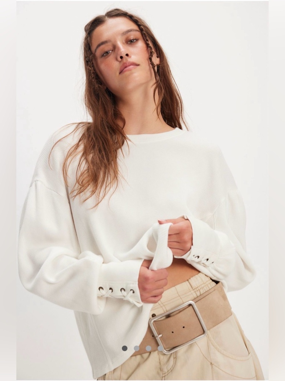 We the free lapis cuff long White Waffle Knit Top
